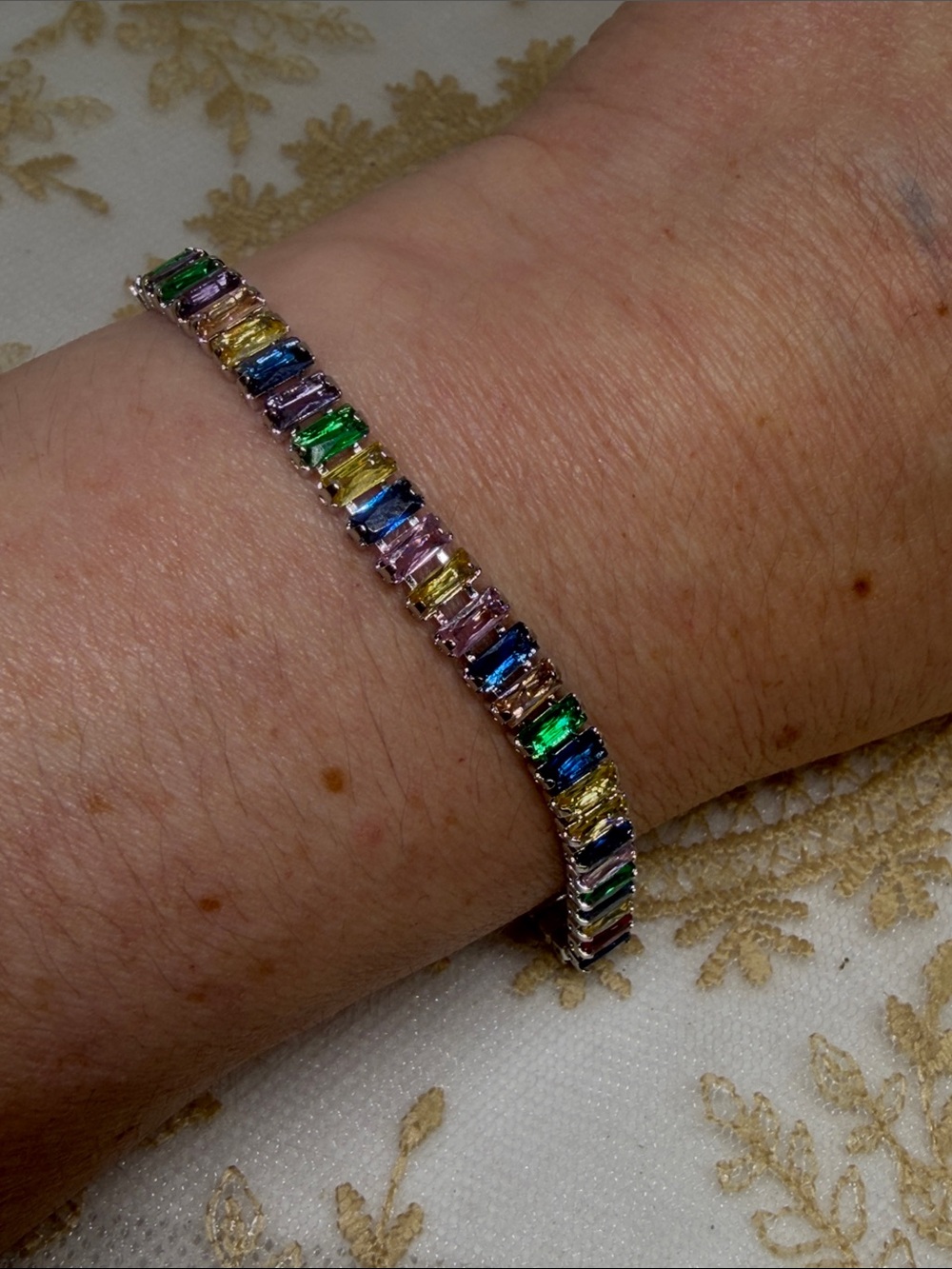 925 Sterling Silver Rainbow Banquette Gemstone Tennis Bracelet Y2K Retro Glam